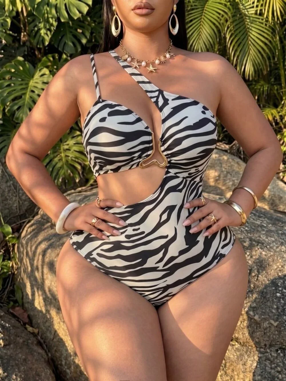 Multicolor Asymmetrical zebra One-Shoulder Women's Plus-Size Cutout Swimsuit - Picture 4 of 6